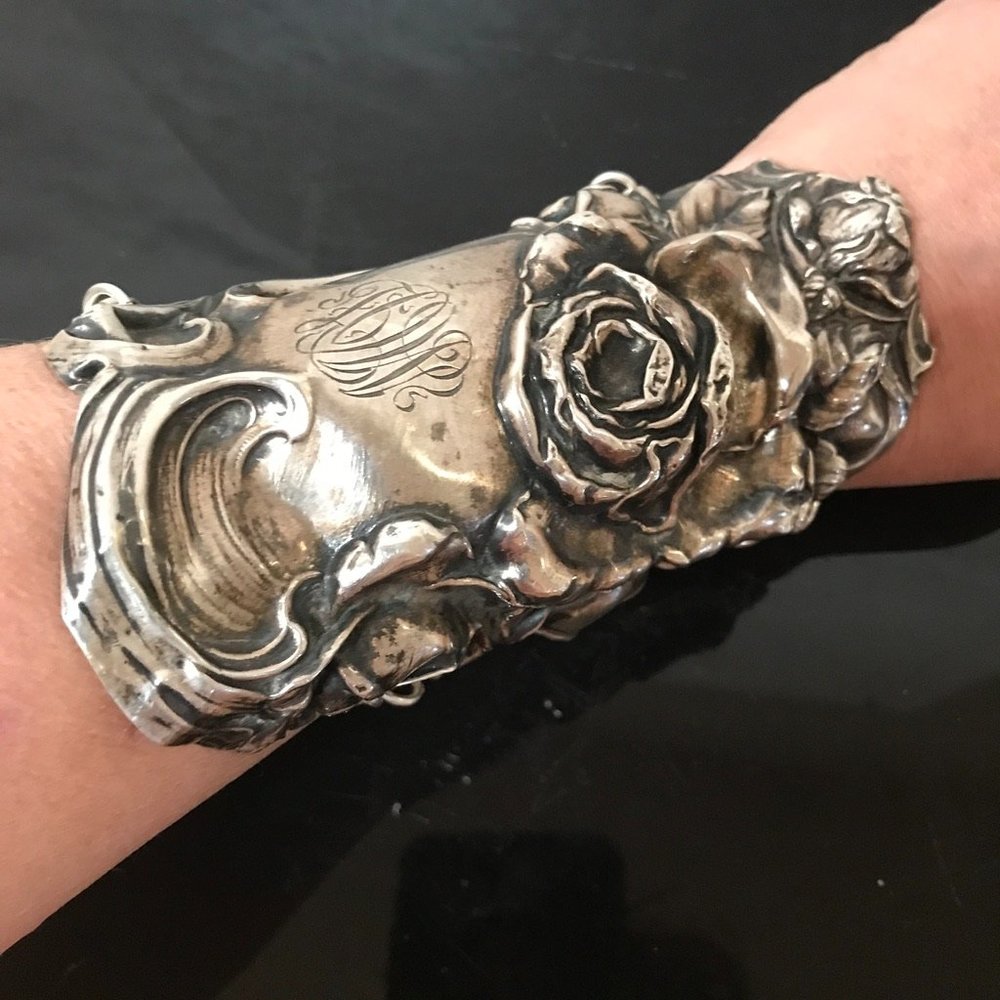 Rose Sterling Silver 925 Bracer Wide Cuff Bracelet Victorian Gladiator Floral - Picture 2 of 11